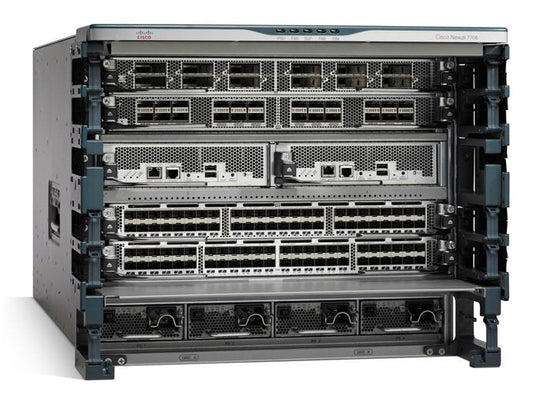 Cisco Nexus 9018 switch in black silver frame with Ethernet ports