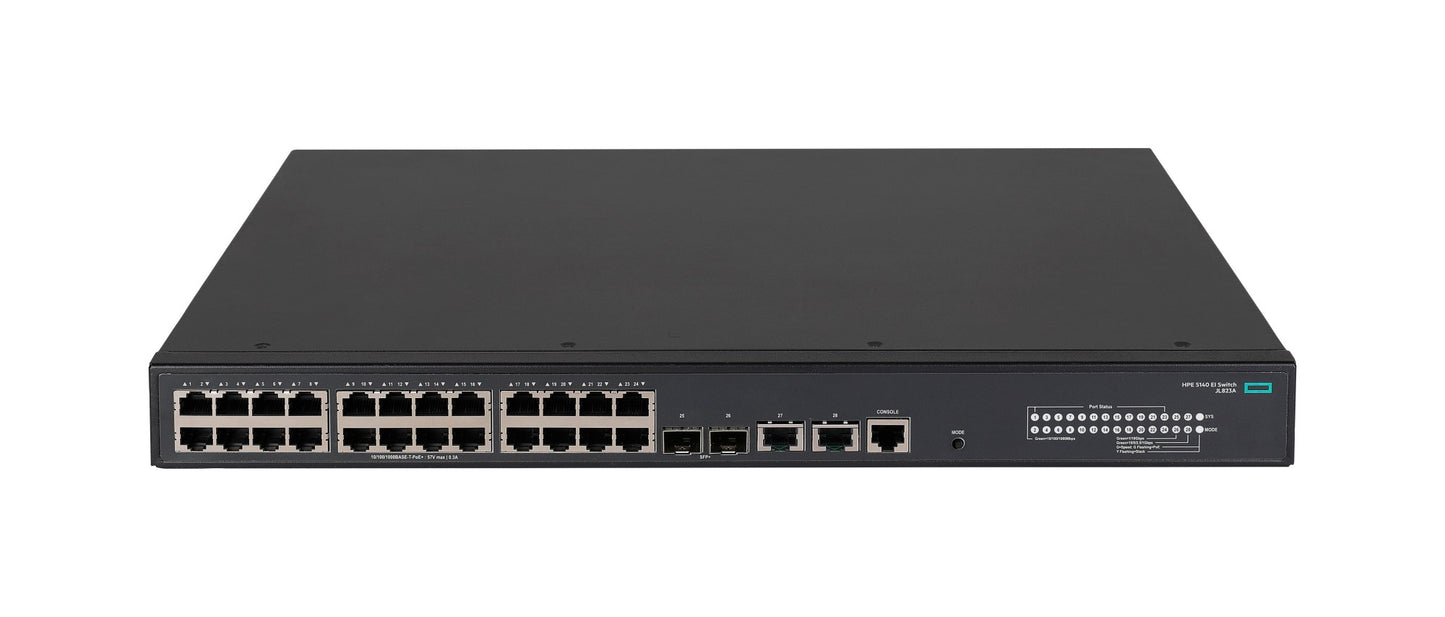 HPE JL823A black Cisco switch with 24x 1G PoE+ ports and 2x 10G uplinks