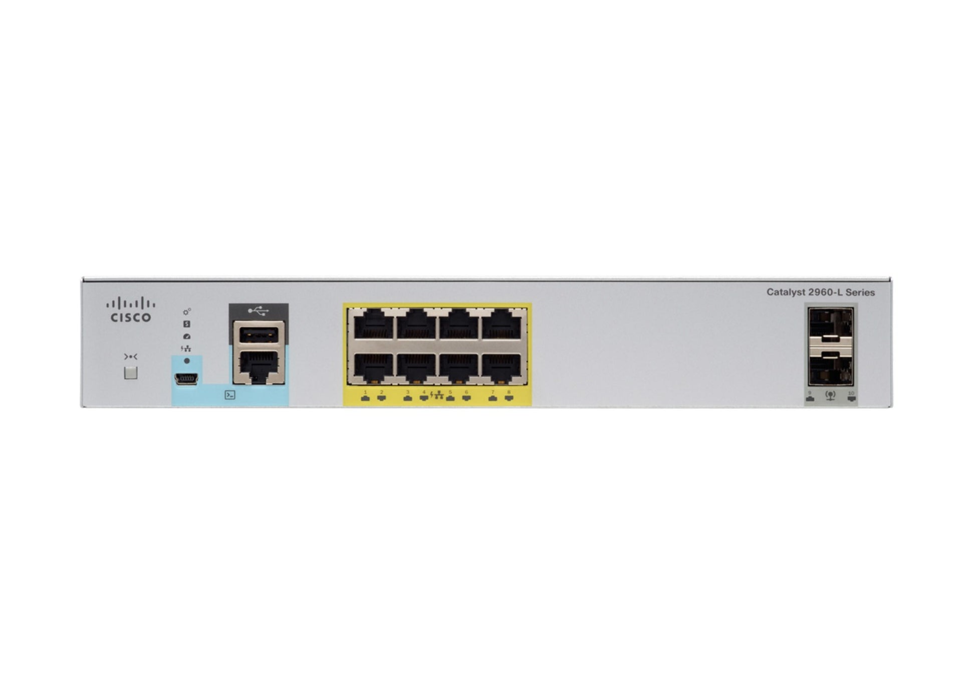 Cisco WS-C2960CX-8PC-L switch with 8 yellow PoE+ ports and 2 blue Gigabit uplinks
