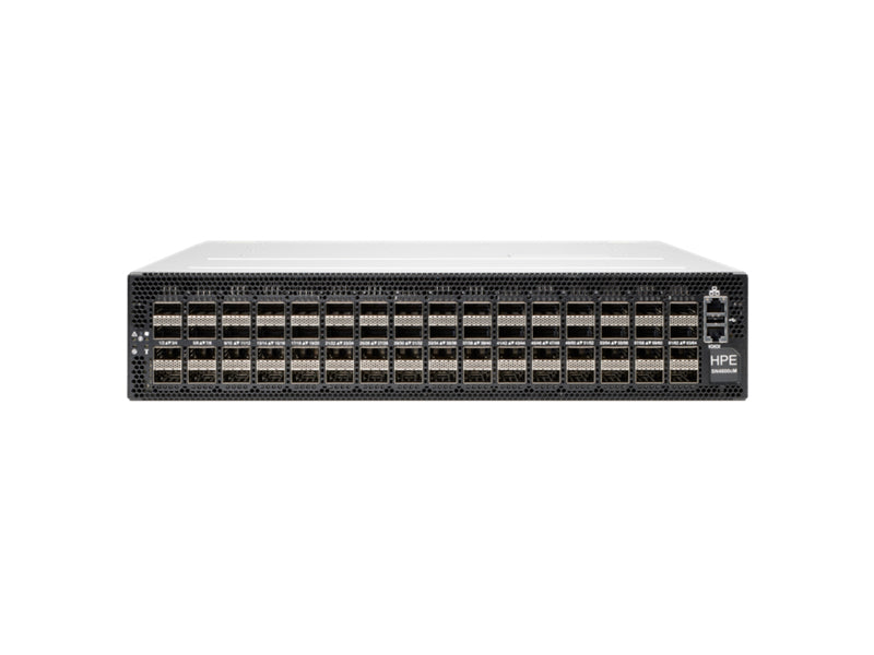 Aruba R6R24A managed L3 switch in black server rack with bays and Ethernet ports