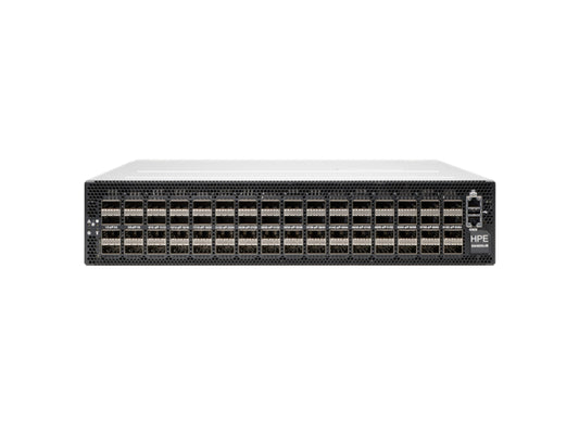 Aruba R6R24A managed L3 switch in black server rack with bays and Ethernet ports