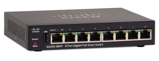 Cisco SG250-08HP-K9-AU | 8x 1G, PoE+ 802.3at, 0 uplinks, Smart managed L2/L3 Lite