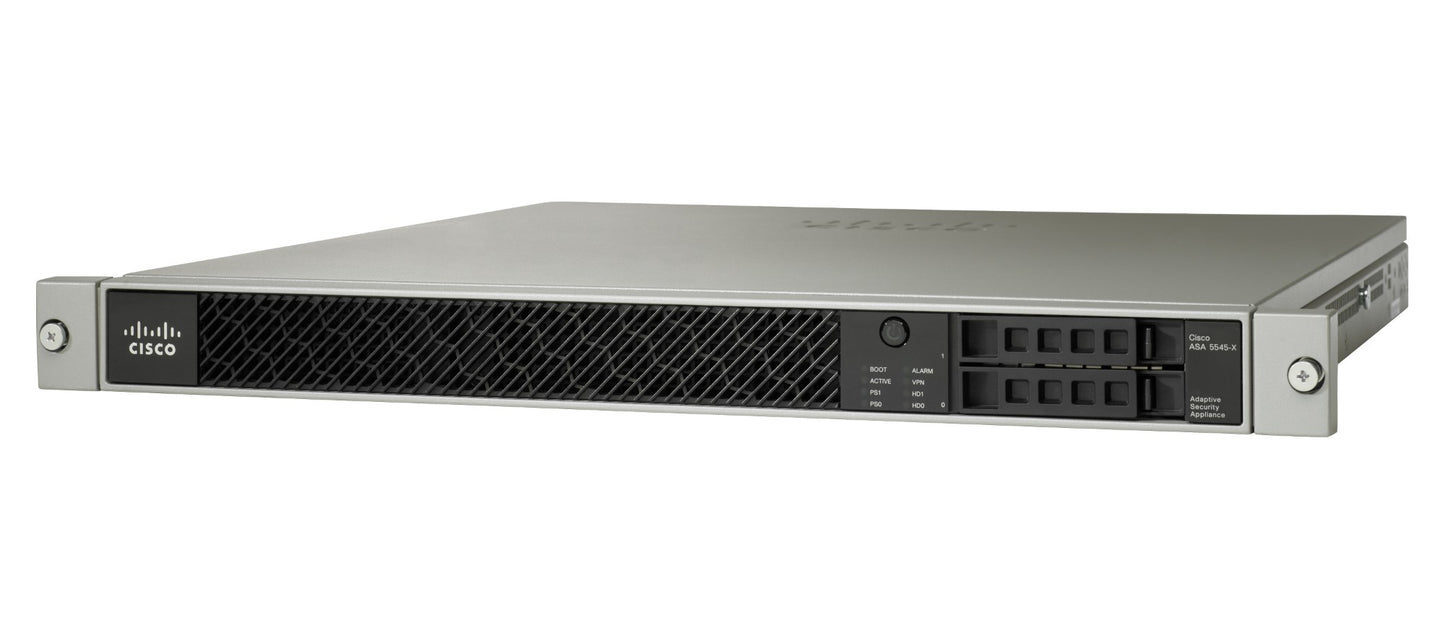 Cisco ASA5545-2SSD120-K9 | Firewall Edition | 8x 1G data + 1x 1G mgmt, 2500 IPsec, 2 SSL, 2x 120GB SSD, AC PSU, 3DES/AES