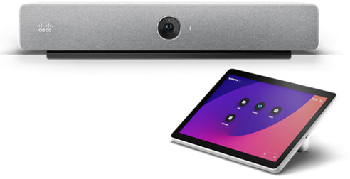 Cisco CS-BAR-T-K9 | video bar | 12MP 4K camera, auto‑framing, beamforming mics, stereo speakers | 2x HDMI out, 1x HDMI in | GbE + Wi‑Fi/BT | includes Room Navigator (table stand) | First Light finish