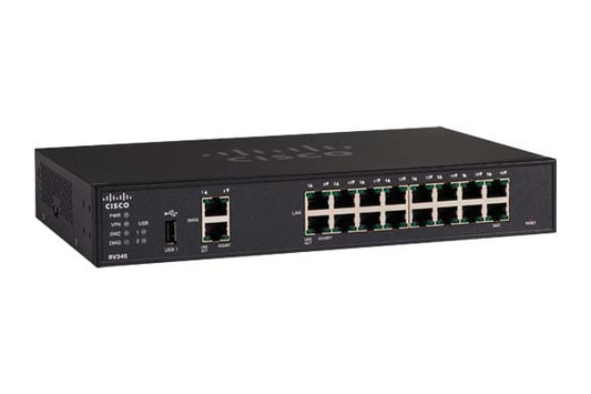 Cisco RV345-K9-AU | Dual-WAN Gigabit VPN Router | 2x GE WAN, 16x GE LAN | No SD-WAN/LTE; USB 3G/4G failover | IPsec/SSL/OpenVPN