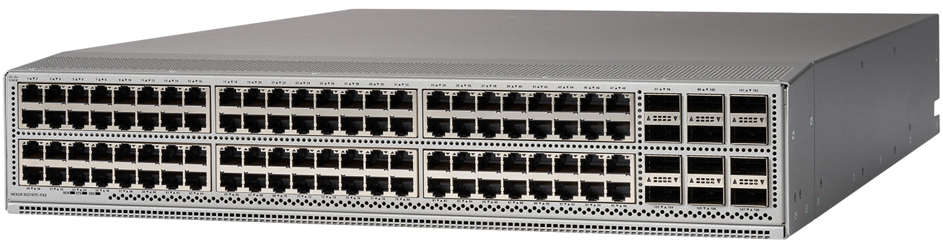Cisco N9K-C93216TC-FX2 silver switch with 96x 1/10G ports and 12x 100G uplinks