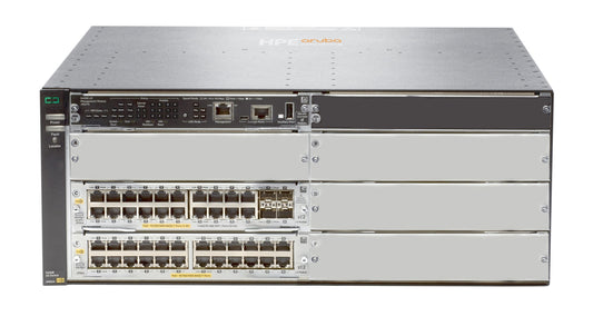Aruba JL003A | 44x 1G PoE+ (802.3at) | 4x 10G SFP+ uplinks | L3 feature set (base) | 6-slot chassis (no PSU)