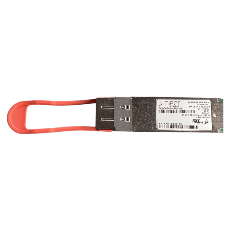 Juniper JNP-QSFP-40GE-ER4 QSFP+ 40GBASE-ER4 transceiver with red cable