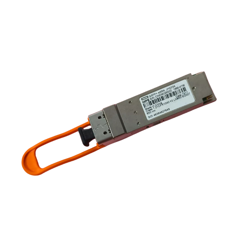 HPE JH233A 40G QSFP+ transceiver with orange black fiber optic MPO-12 connector