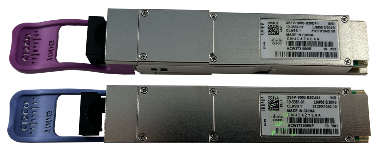 Cisco QSFP-100G-B20U4-I silver transceiver with purple cover and blue label