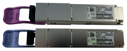 Cisco QSFP-100G-B20U4-I silver transceiver with purple cover and blue label