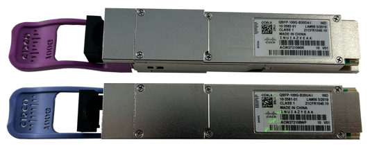 Cisco QSFP-100G-B20U4-I silver transceiver with purple cover and blue label
