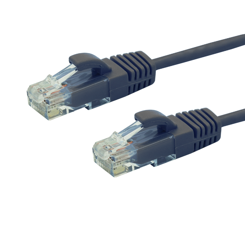 Black CAT6A UTP Ethernet patch cable with clear connectors and ribbed strain relief
