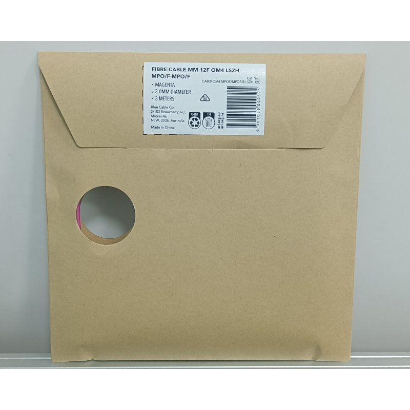 Brown paper envelope with barcode for OM4 12-core MPO fiber optic cable