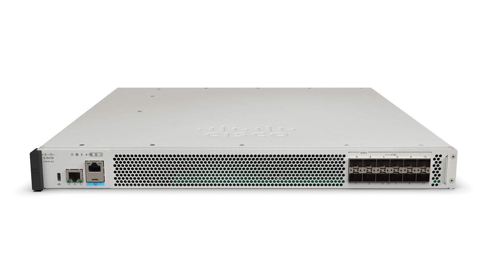 Cisco C8570-G2 silver server rack with black mesh panel and blue ports