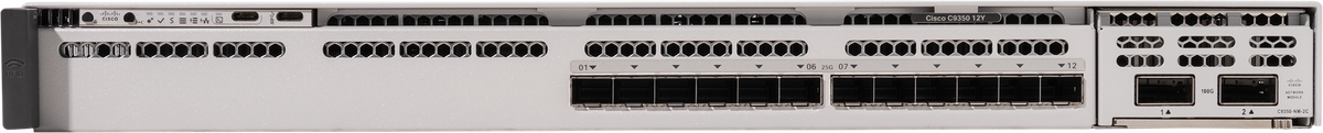 Gray metal cisco c9350 12-port 25g sfp28 switch back side with multiple ports and ventilation slots
