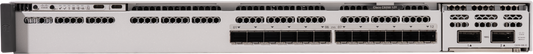 Gray metal cisco c9350 12-port 25g sfp28 switch back side with multiple ports and ventilation slots