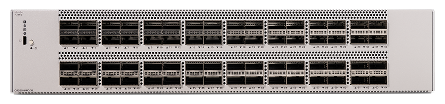 Silver cisco c9550-64c-xl network switch with 64 ports and ventilation slots for high-speed 100 40g connectivity