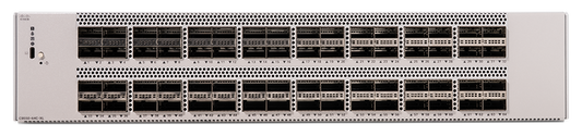 Silver cisco c9550-64c-xl network switch with 64 ports and ventilation slots for high-speed 100 40g connectivity