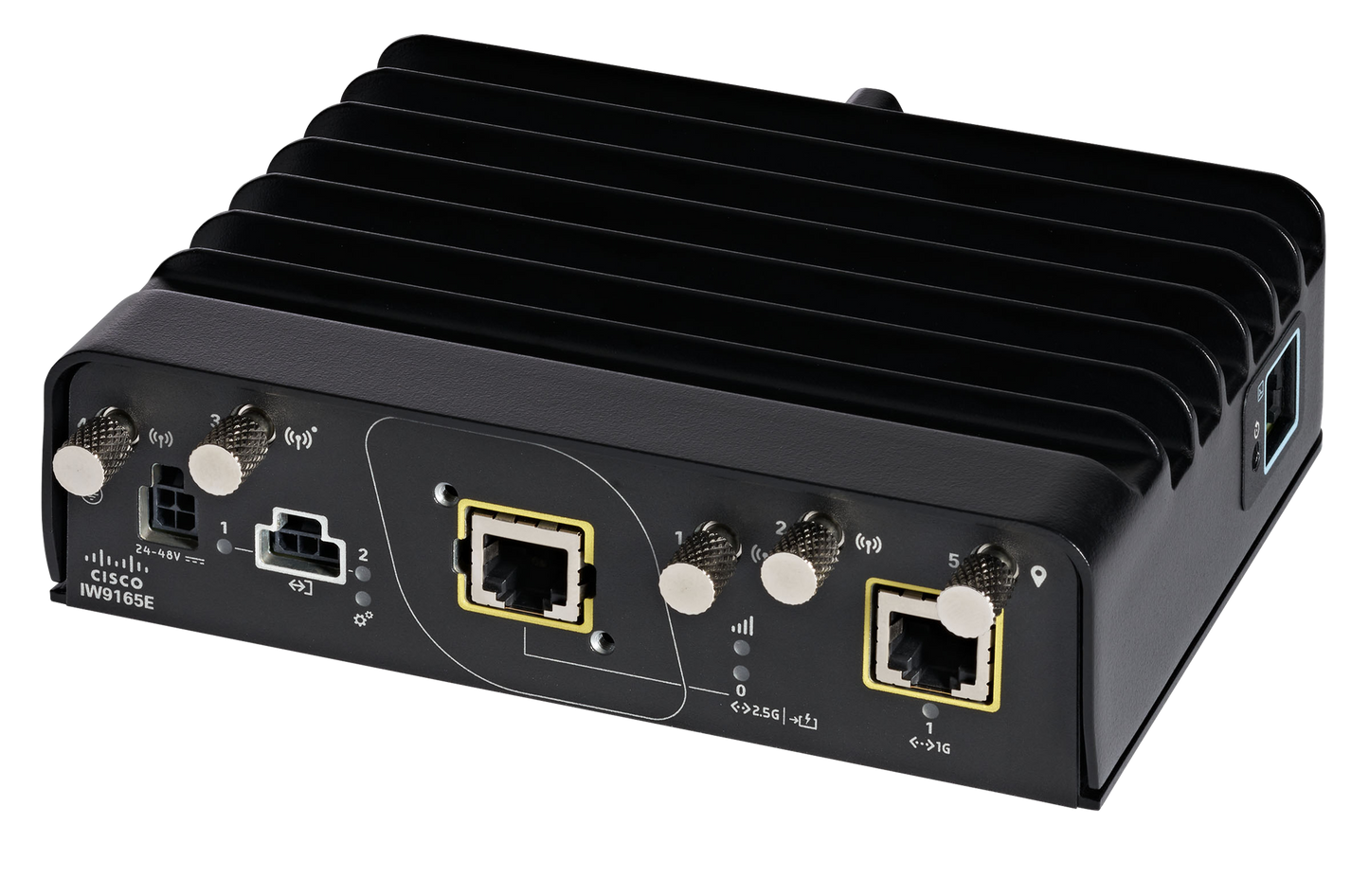 Black cisco iw9165e catalyst iw9165 wi-fi 6e industrial access point with ribbed heat sink and multiple ethernet ports
