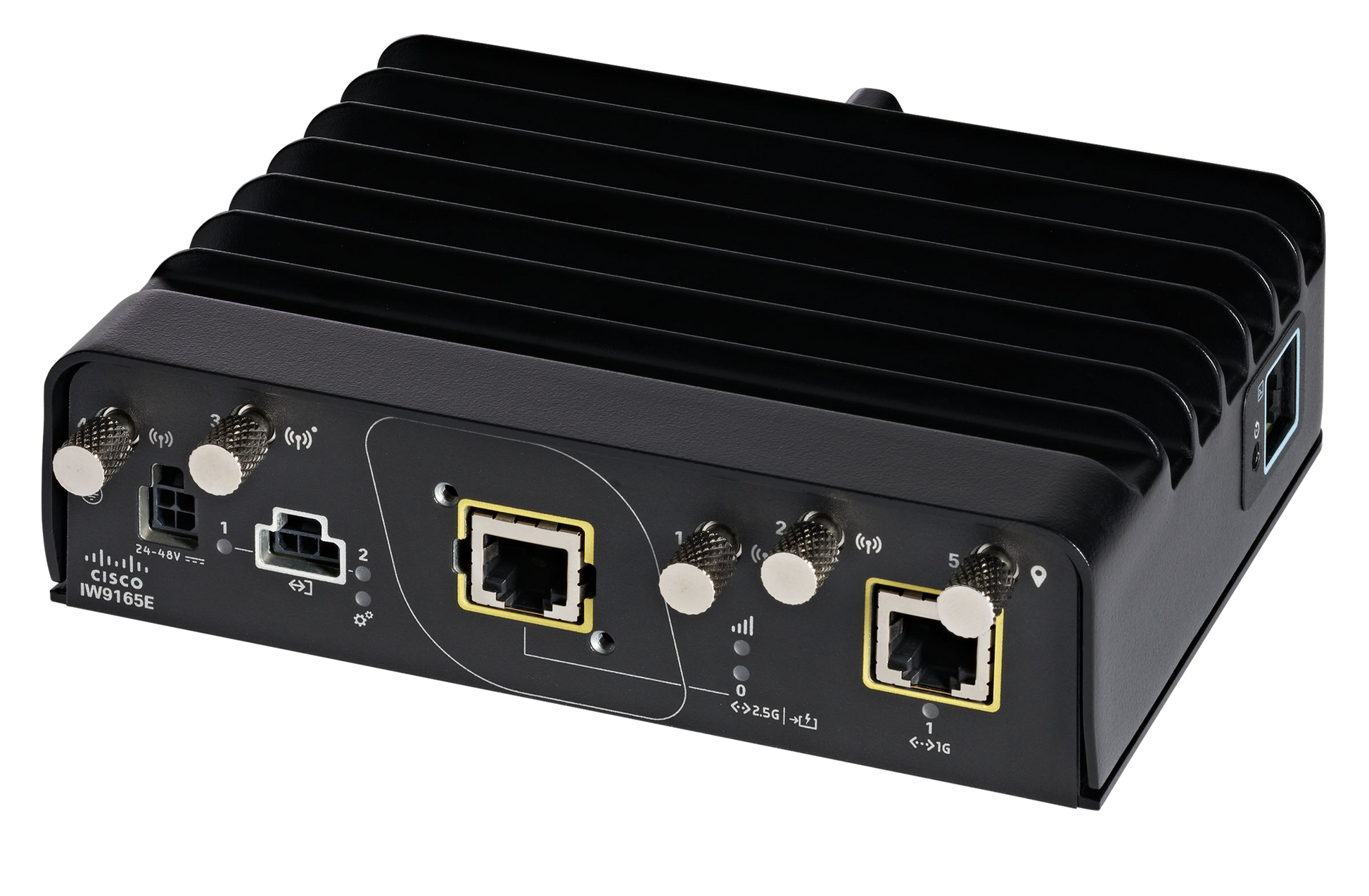 Black cisco iw9165e catalyst iw9165 wi-fi 6e industrial access point with ribbed heat sink and multiple ethernet ports