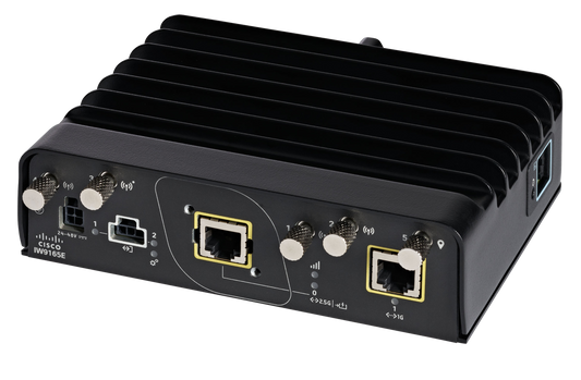 Black cisco iw9165e catalyst iw9165 wi-fi 6e industrial access point with ribbed heat sink and multiple ethernet ports