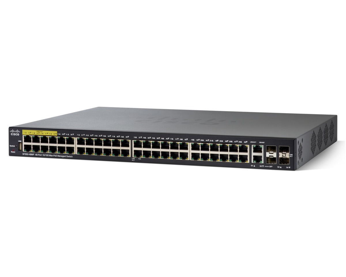 Cisco SF350-48MP 48-port PoE+ switch with 740W budget and 1G uplinks