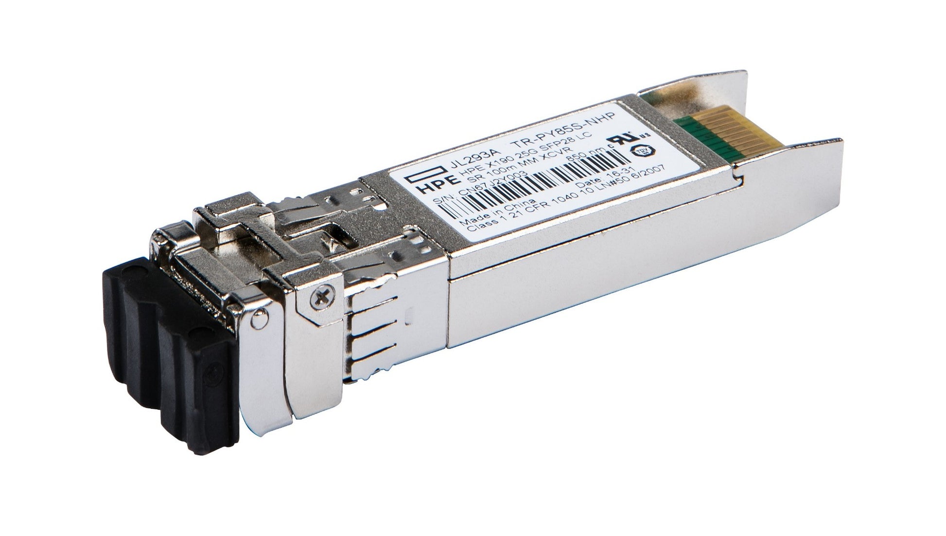 HPE JL293A 25G SFP28 SR transceiver module with silver fiber optic housing