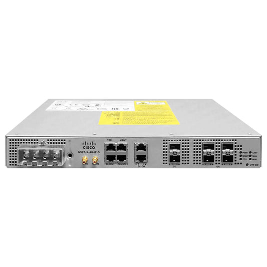 Cisco N520-4G4Z-A silver router with ports and yellow warning label