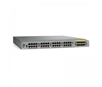 Cisco N2K-C2232TF-10GE switch with silver body, black ports, yellow LEDs