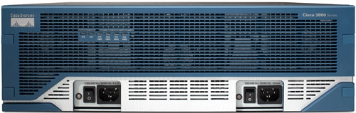 Blue Cisco 3945 router with black mesh front and silver accents