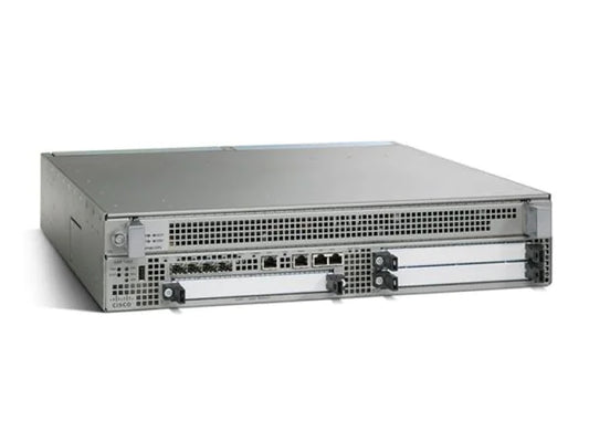 Cisco ASR1002 router with silver rack, black mesh, 4x 1GE ports, dual PSU