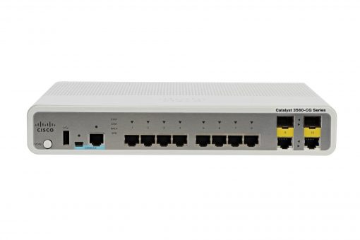 Cisco WS-C3560CG-8TC-S switch with 8 ports and yellow Ethernet cable