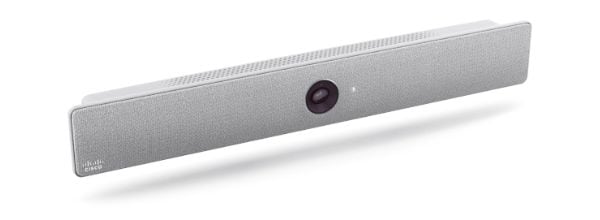 Silver Cisco soundbar with 4K camera, mics, and Touch 10 for video calls