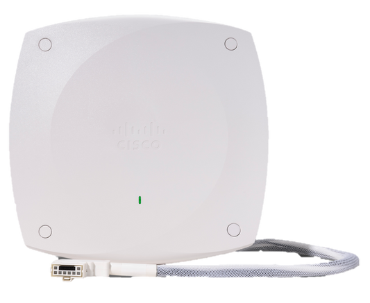 White cisco wireless 9174 wi-fi 7 tri-band access point with sleek circular design and integrated ethernet cable