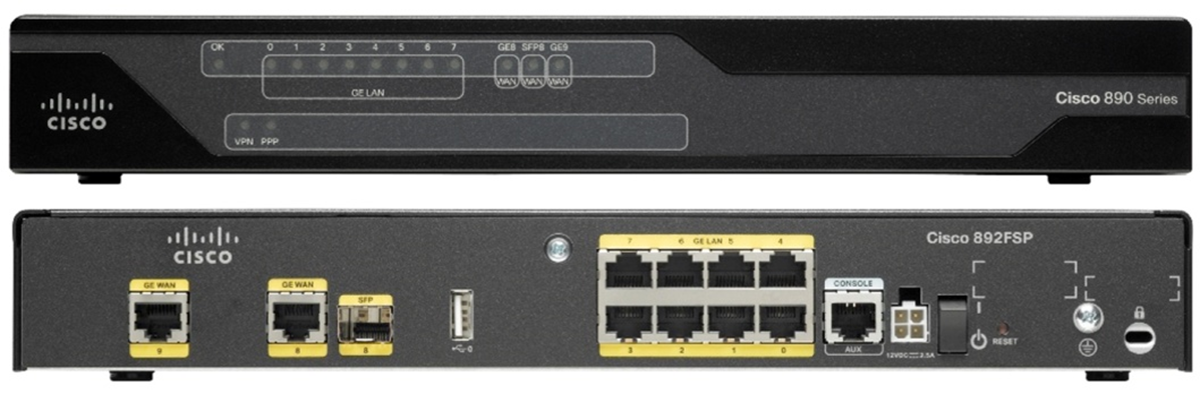 Cisco 892FW-E-K9 router with 8 GbE ports, SFP WAN, and black design