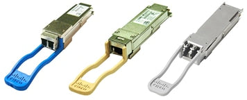 Cisco QSFP-40G-LR4L-S 40G QSFP+ transceiver module in blue, yellow, silver