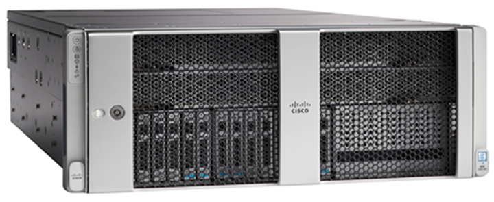 Cisco UCSC-C480-M5 4-socket rack chassis with a silver metallic Cisco catalyst 9500 series rack-mounted switch front panel