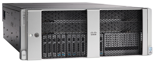 Cisco UCSC-C480-M5 4-socket rack chassis with a silver metallic Cisco catalyst 9500 series rack-mounted switch front panel