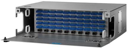 Cisco NCS-PP-100X10-SR 100x 10GbE patch panel with silver tray and blue accents