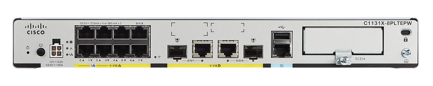 Cisco C1131X-8PWZ router with 8x 1G PoE ports and yellow label