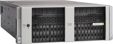 Silver cisco ucs c480 m5ml rack-mount server chassis with black perforated front panels and green label on the right side