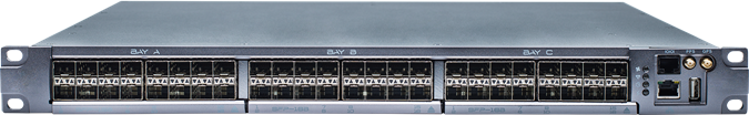 Gray metal cisco nexus 3550-f 48-port 10g sfp+ switch server rack showing multiple ports and labeled sections back side