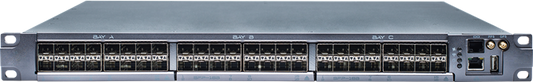 Gray metal cisco nexus 3550-f 48-port 10g sfp+ switch server rack showing multiple ports and labeled sections back side