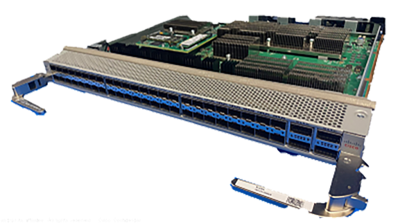 Cisco NC55-32T32Q16H-BA line card with silver rack, blue accents