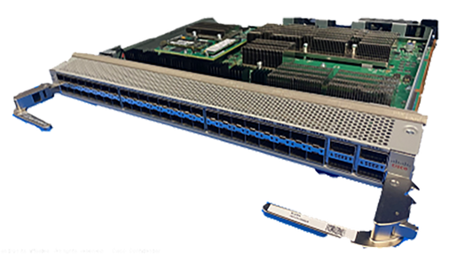 Cisco NC55-32T32Q16H-BA line card with silver rack, blue accents