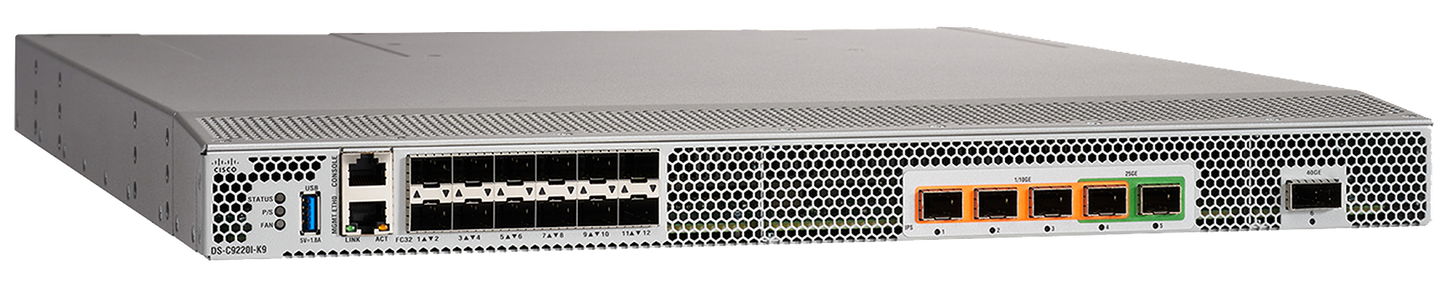 Cisco DS-C9220I-12PIK9 12-port 32G FC SAN switch, sleek silver design