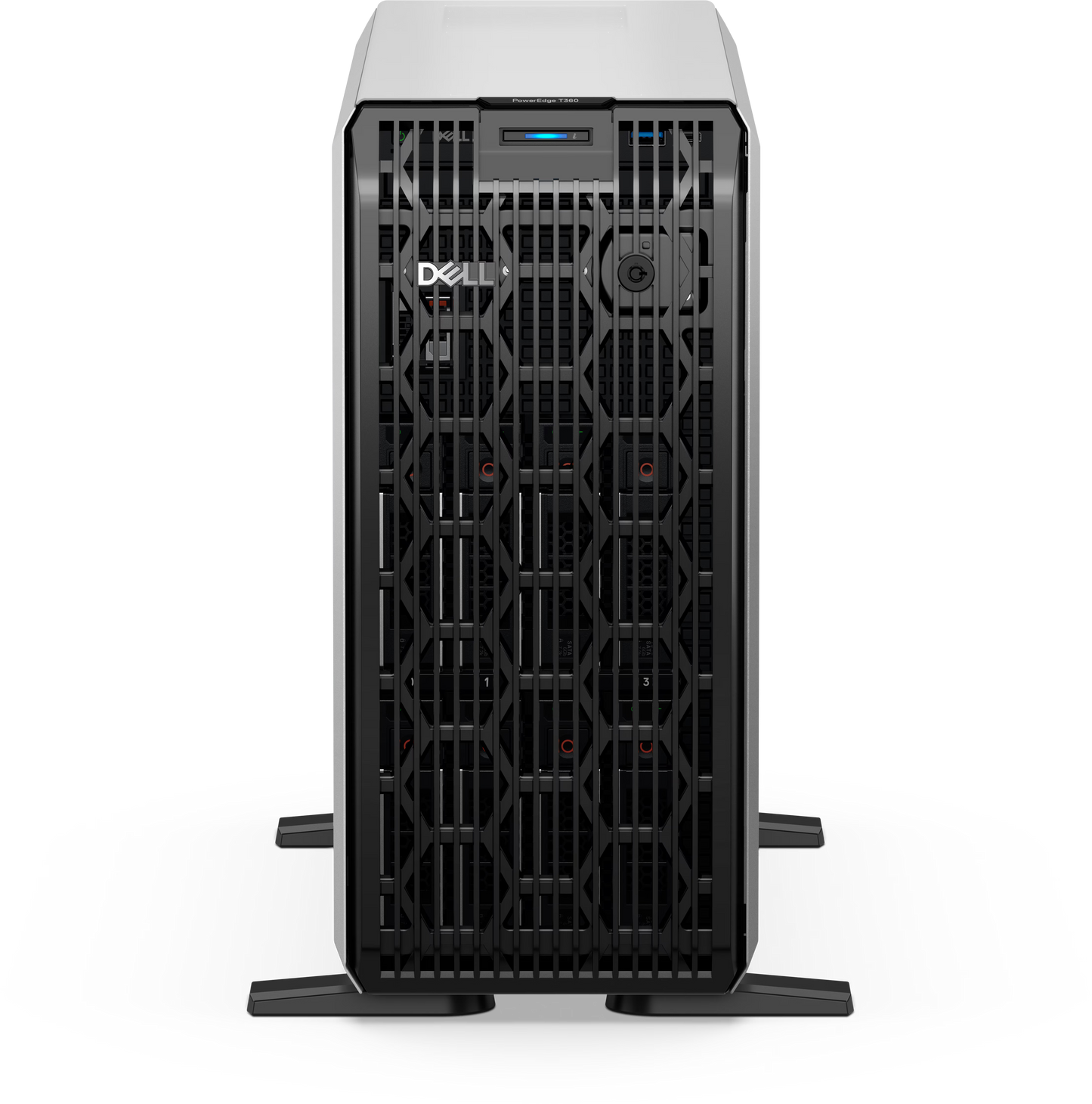 Dell T360 poweredge single-socket tower server in white and black with mesh front panel and dell logo featuring Xeon E-2400