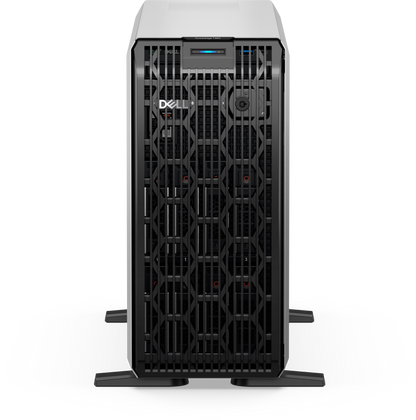 Dell T360 poweredge single-socket tower server in white and black with mesh front panel and dell logo featuring Xeon E-2400