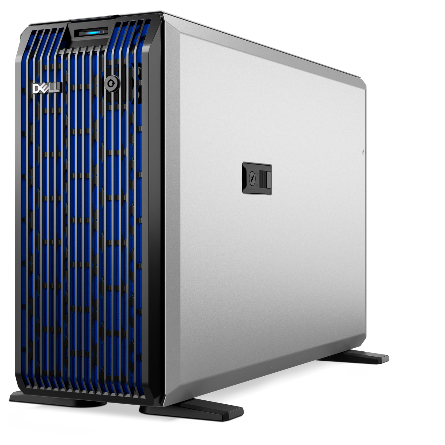 Dell T360 poweredge single-socket tower server in silver and blue with vertical cooling vents on the front panel